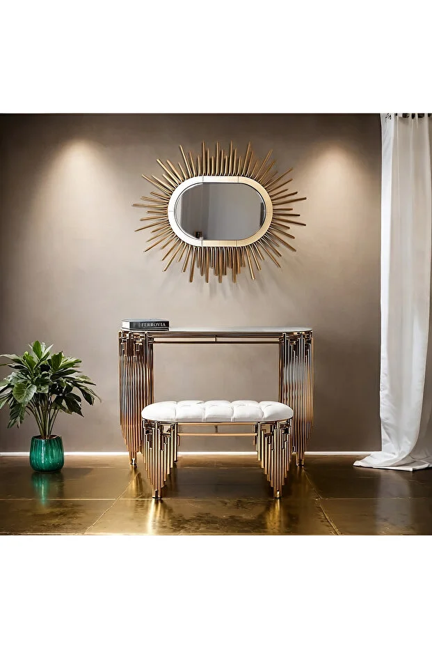 120 CM GOLD KAPLAMA DRESUAR AYNA PUF SET